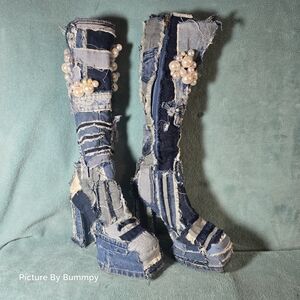 AZALEA WANG DENIM CHUNKY PATCHWORK PLATFORM BOOT.Denim Patchwork Knee-High Boots